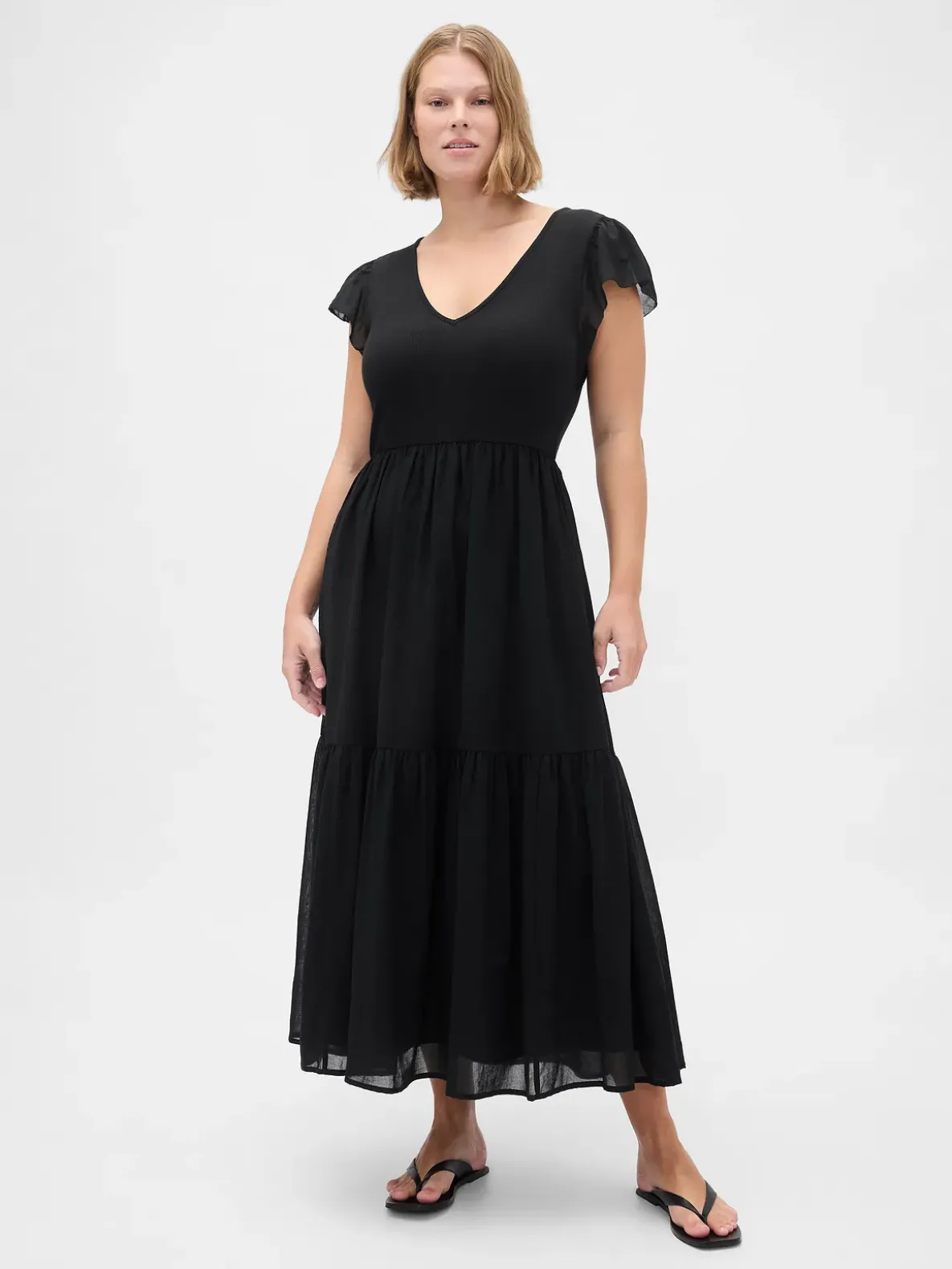 Modern Mixed Media Ruffle Maxi Dress