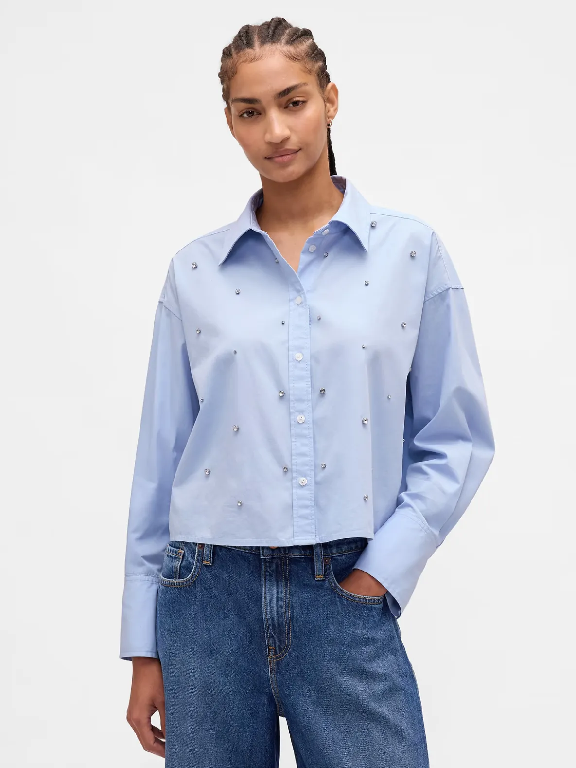 Organic Cotton Embellished Straight-Hem Crop Shirt
