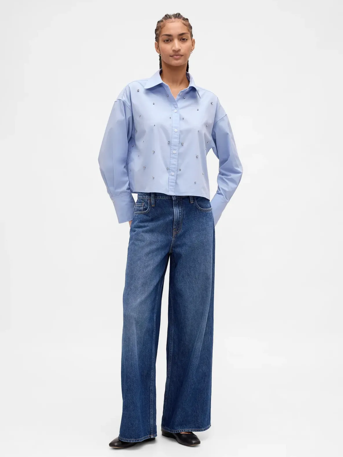Organic Cotton Embellished Straight-Hem Crop Shirt