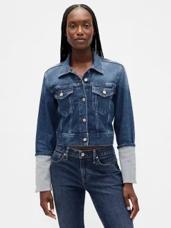 Pin-Cuff Crop Icon Denim Jacket