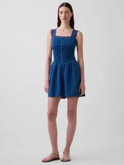 Pintuck Drop-Waist Mini Dress