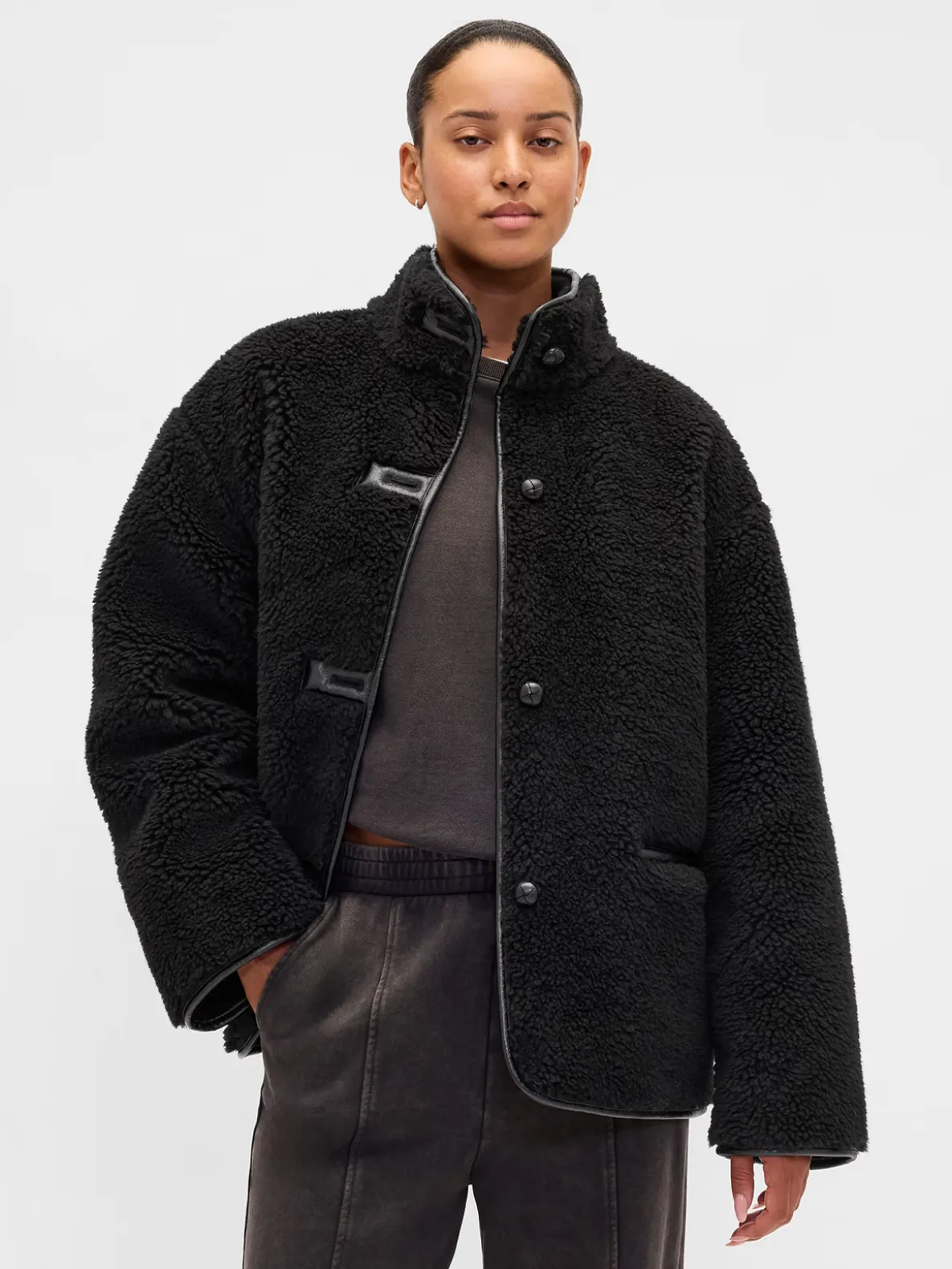 Recycled Sherpa & Vegan Leather-Trim Jacket
