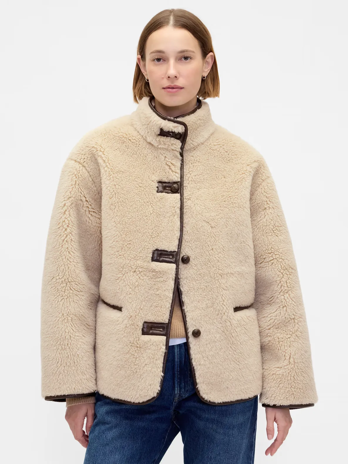 Recycled Sherpa & Vegan Leather-Trim Jacket
