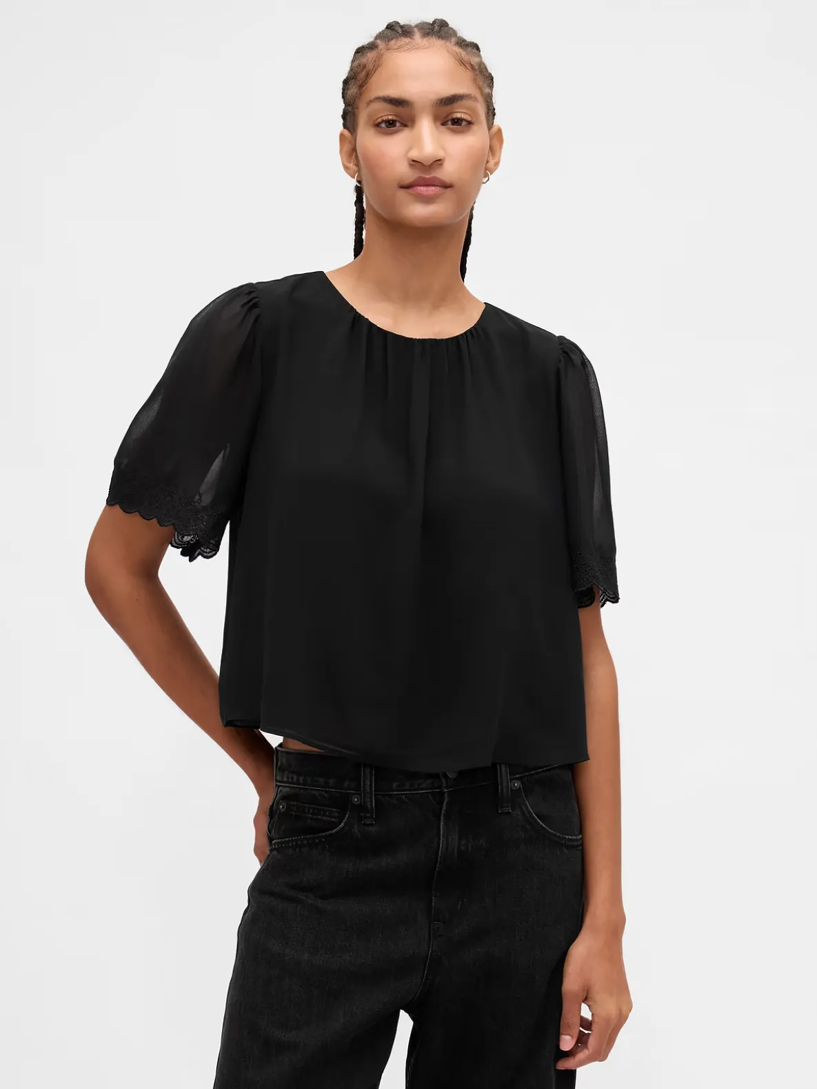 Scalloped Flutter-Sleeve Top