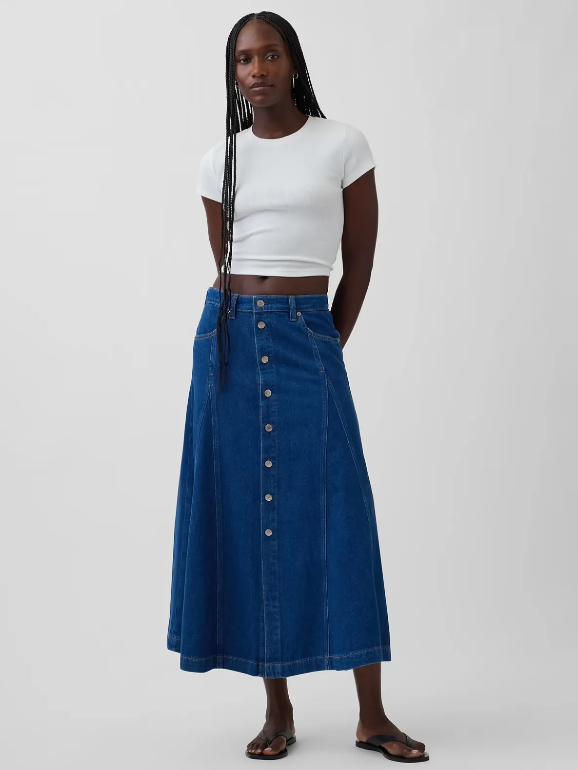 Seamed Denim Button-Front Maxi Skirt