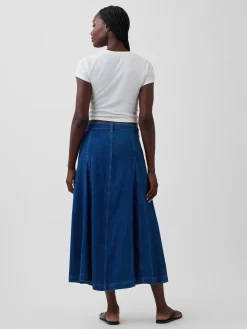 Seamed Denim Button-Front Maxi Skirt