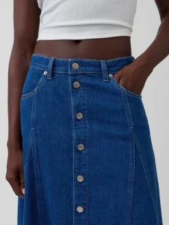Seamed Denim Button-Front Maxi Skirt