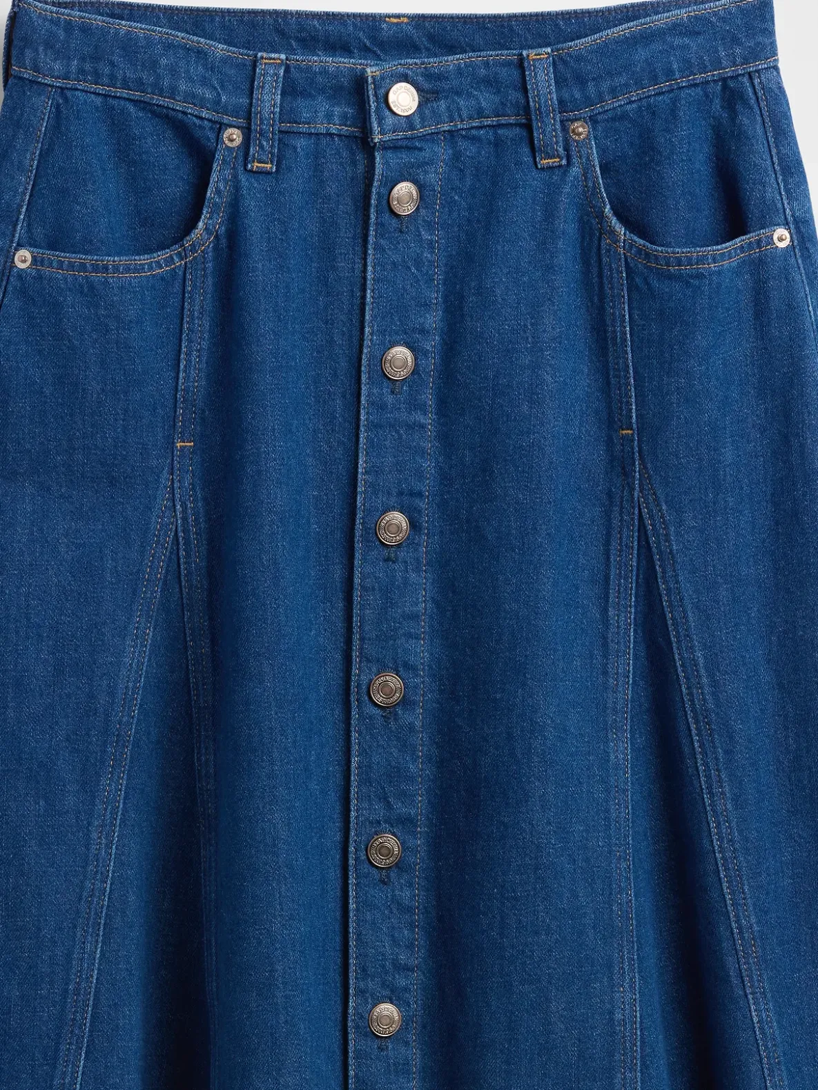 Seamed Denim Button-Front Maxi Skirt