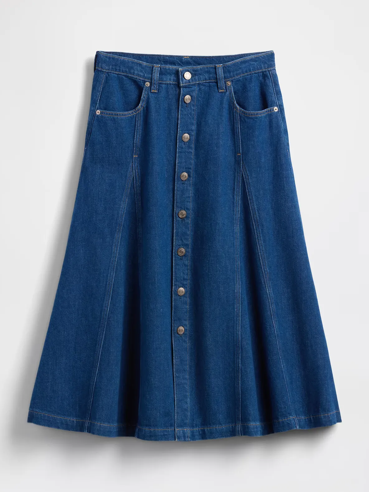Seamed Denim Button-Front Maxi Skirt