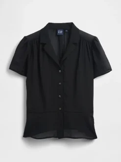 Sheer Button-Front Peplum Top