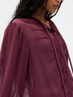 Sheer Recycled Lace Inset Tie-Neck Top