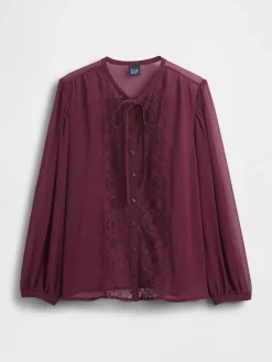 Sheer Recycled Lace Inset Tie-Neck Top
