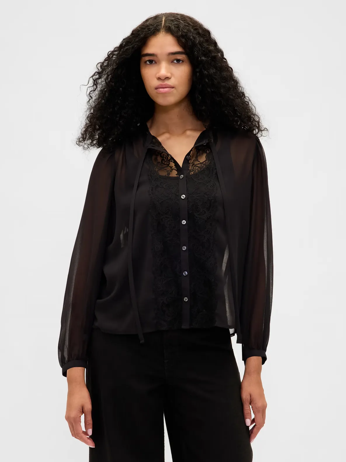 Sheer Recycled Lace Inset Tie-Neck Top