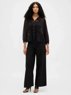 Sheer Recycled Lace Inset Tie-Neck Top
