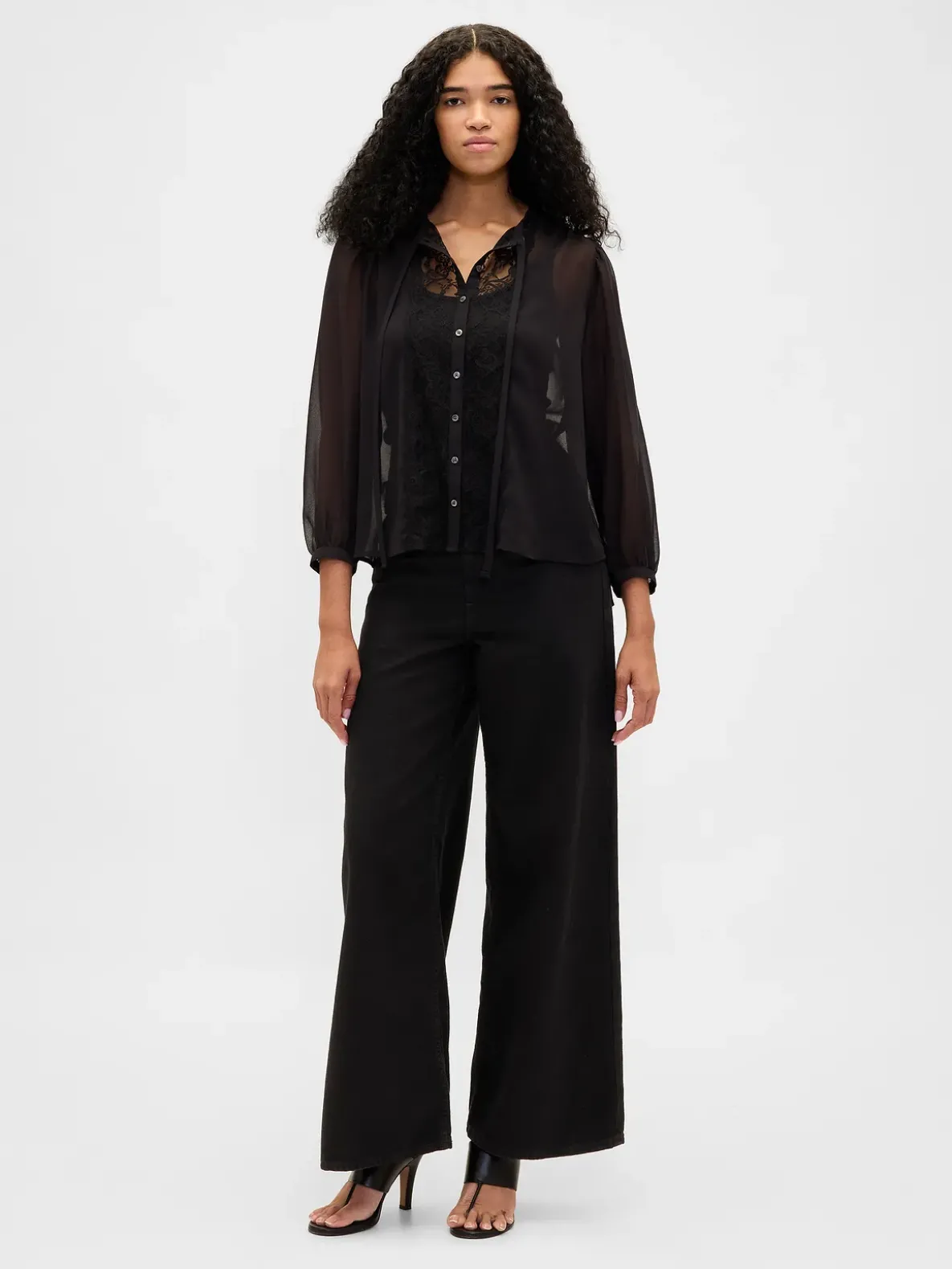 Sheer Recycled Lace Inset Tie-Neck Top