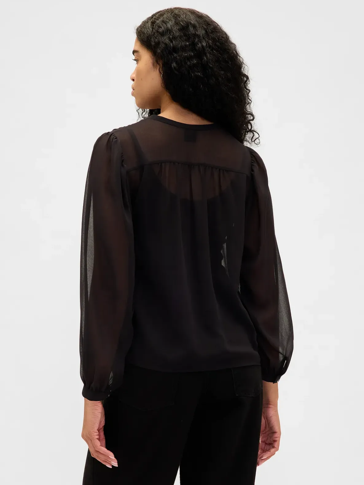 Sheer Recycled Lace Inset Tie-Neck Top