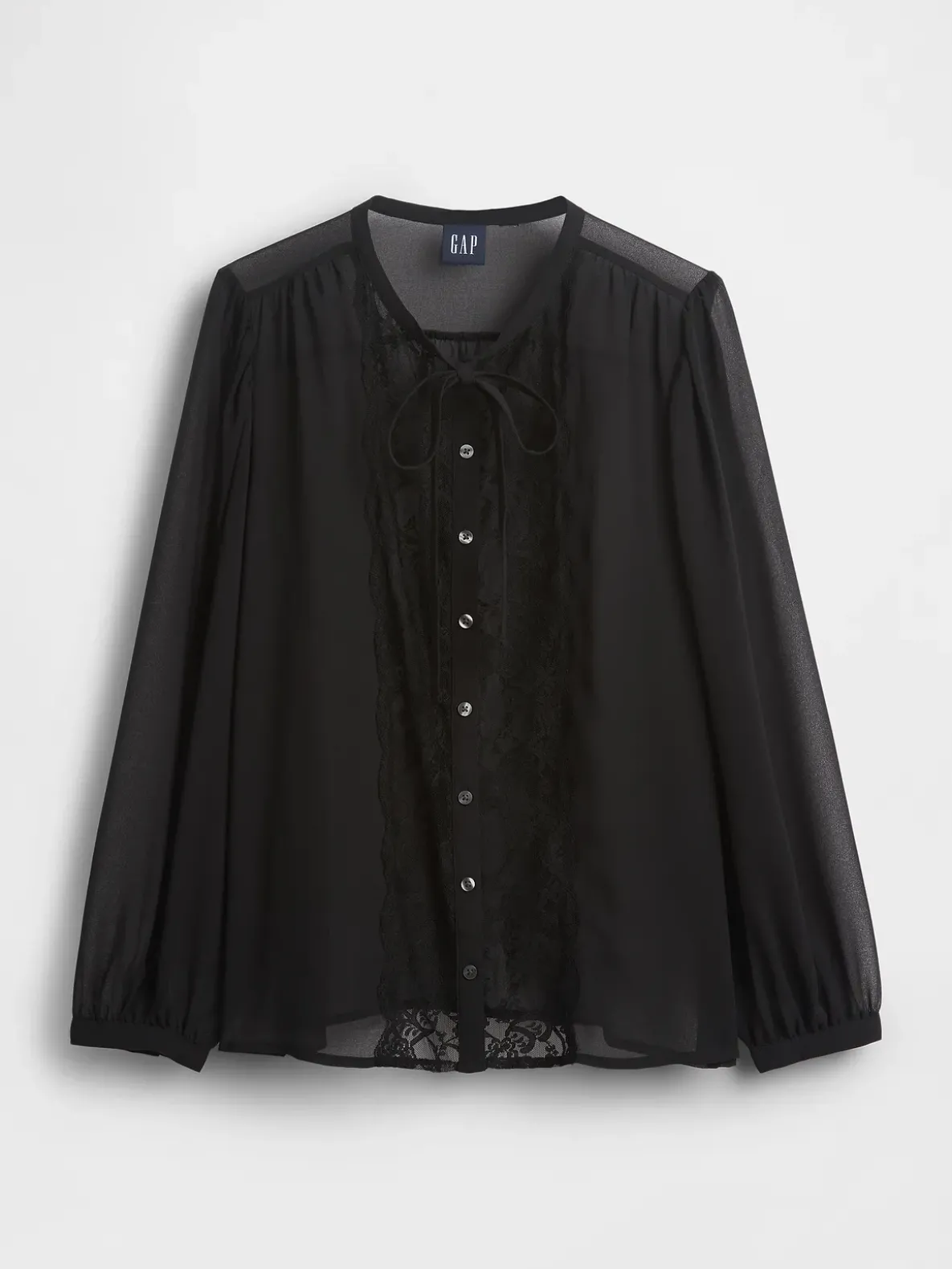Sheer Recycled Lace Inset Tie-Neck Top