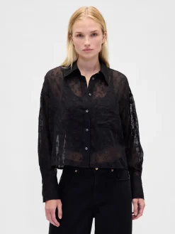 Sheer Straight-Hem Crop Shirt