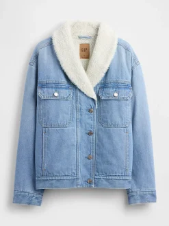 Sherpa-Lined Shawl Denim Jacket