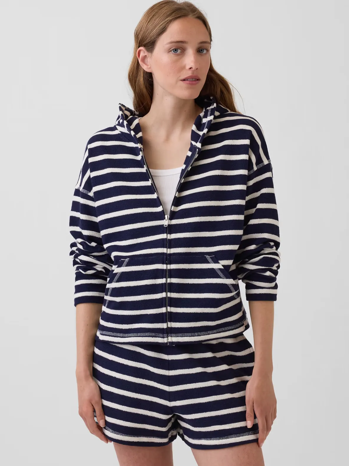 Towel Terry Oversized Stripe Zip Hoodie