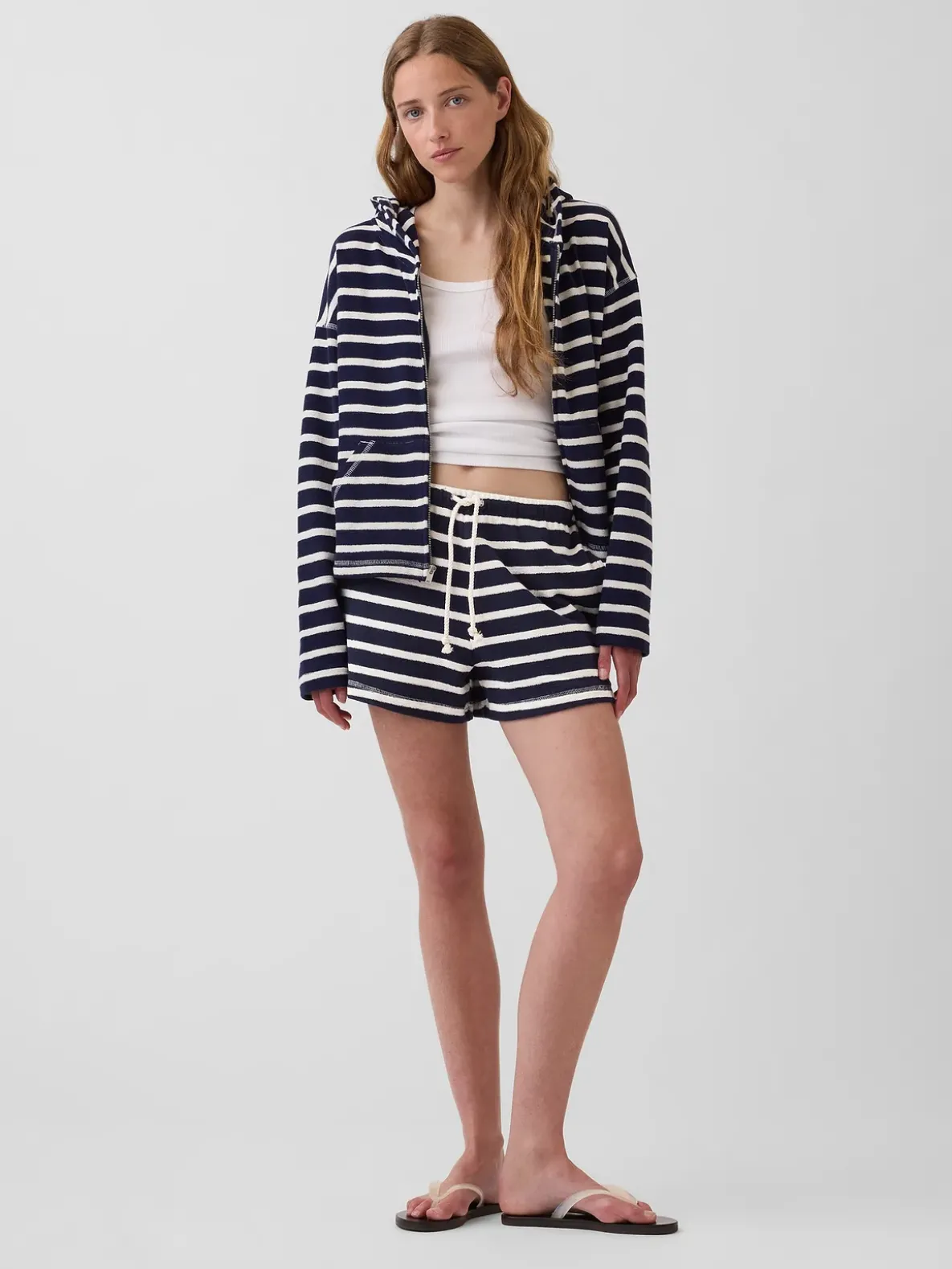 Towel Terry Oversized Stripe Zip Hoodie