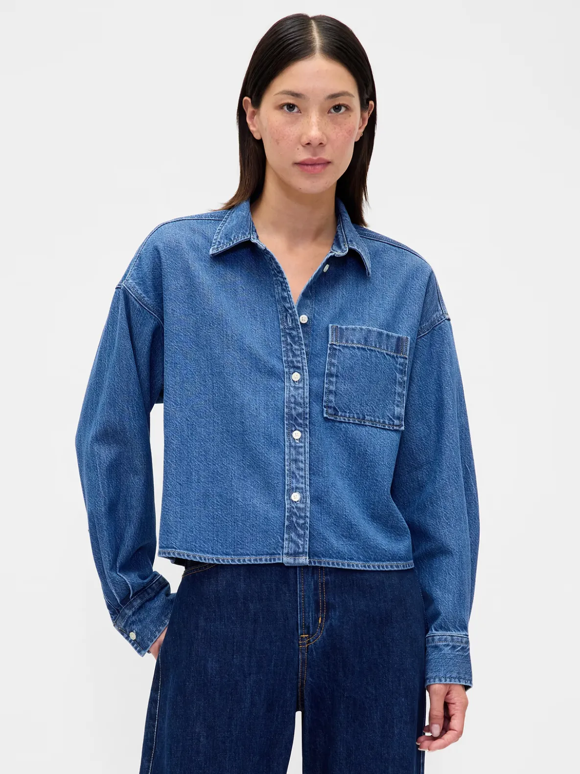 UltraSoft Denim Oversized Straight-Hem Crop Shirt
