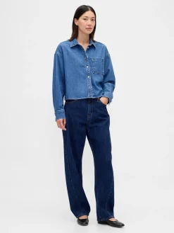 UltraSoft Denim Oversized Straight-Hem Crop Shirt