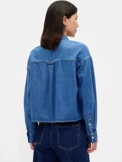 UltraSoft Denim Oversized Straight-Hem Crop Shirt