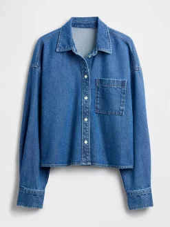 UltraSoft Denim Oversized Straight-Hem Crop Shirt