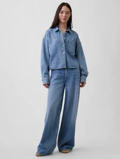 UltraSoft Denim Oversized Straight-Hem Crop Shirt