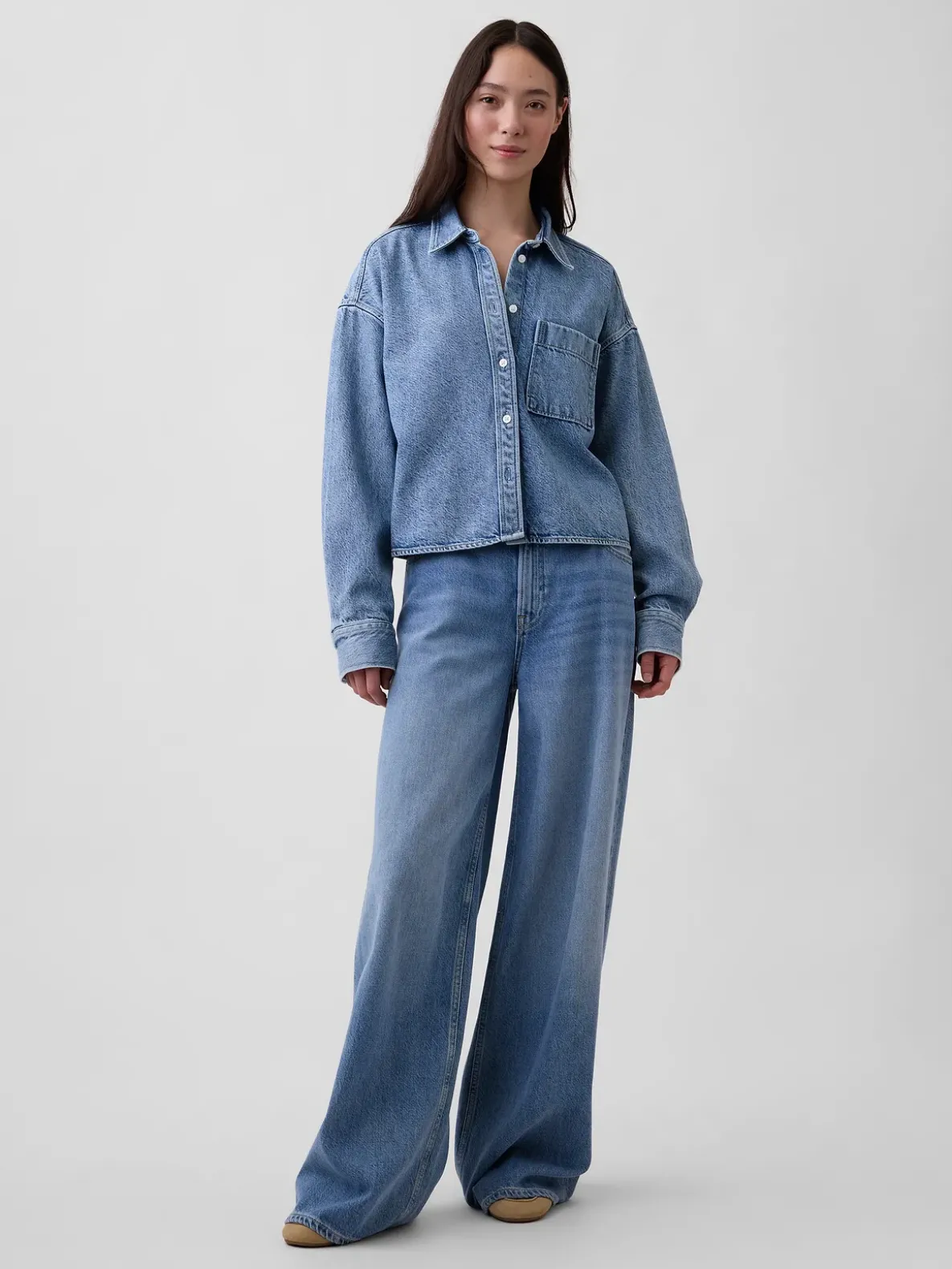 UltraSoft Denim Oversized Straight-Hem Crop Shirt