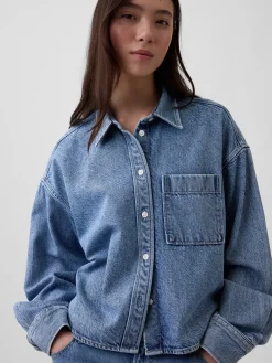 UltraSoft Denim Oversized Straight-Hem Crop Shirt