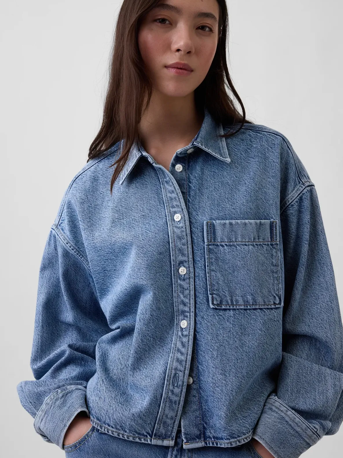 UltraSoft Denim Oversized Straight-Hem Crop Shirt