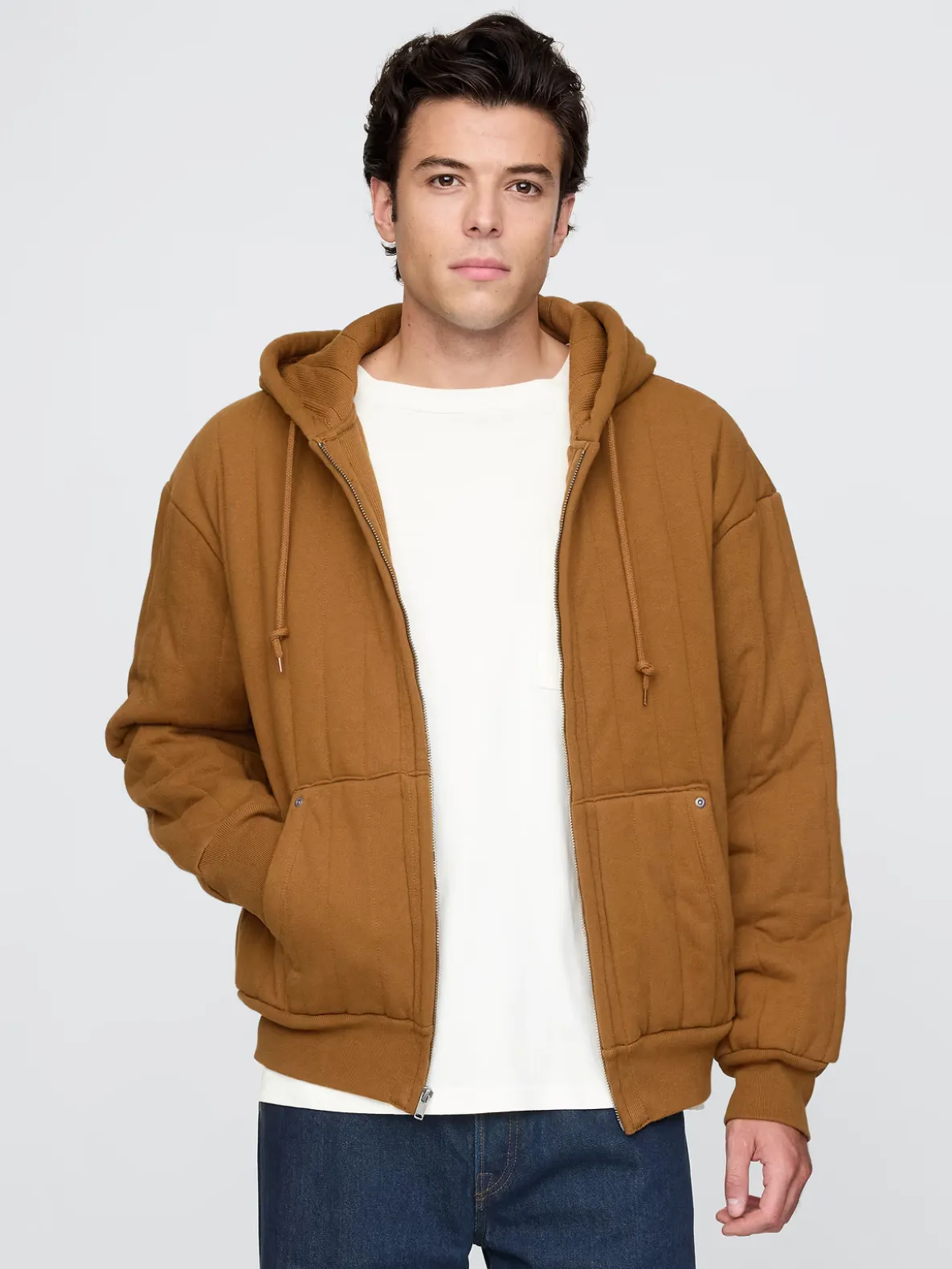 Waffle-Lined Quilted Zip Hoodie