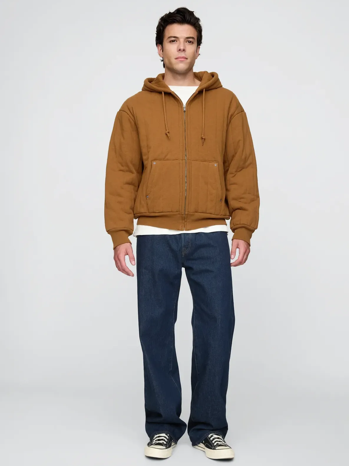 Waffle-Lined Quilted Zip Hoodie