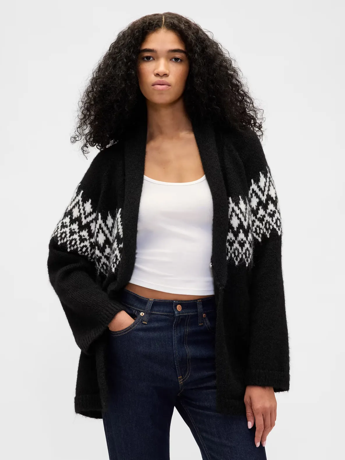 Wool-Blend Fair Isle Shawl Cardigan