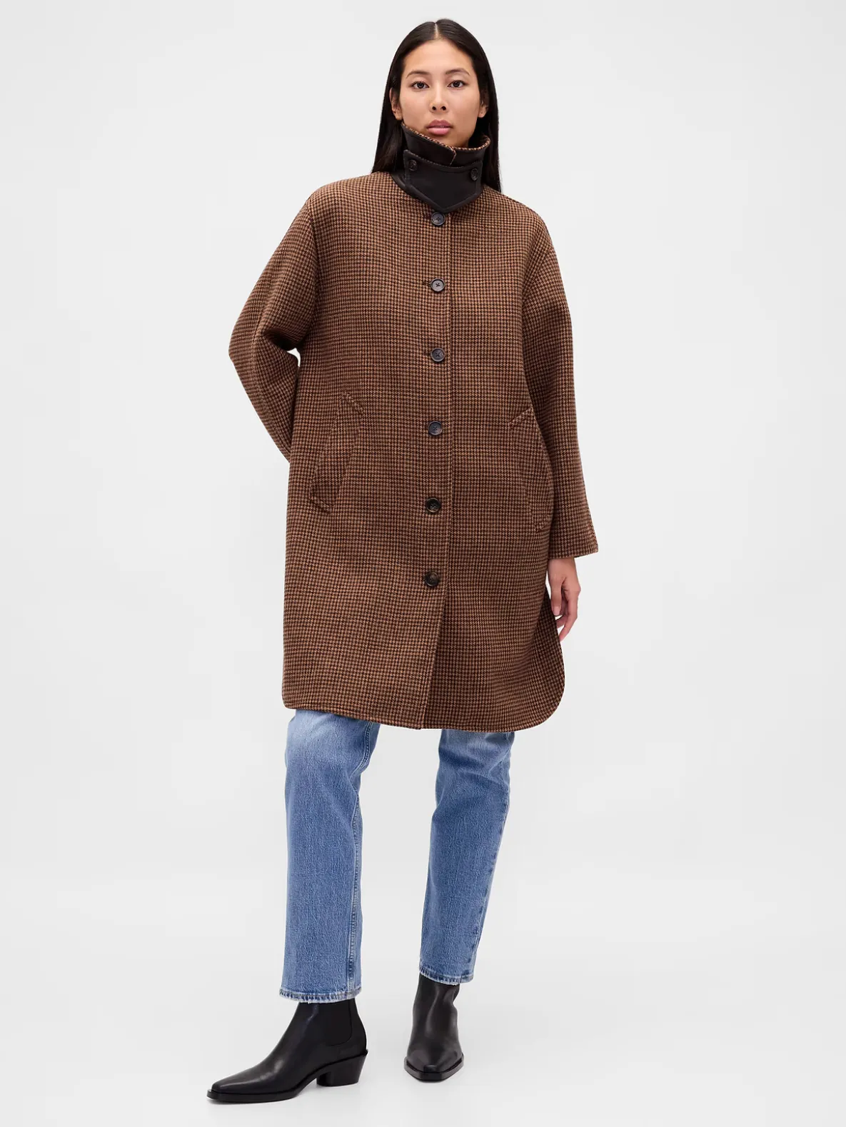 Wool-Blend Oversized Houndstooth Car Coat